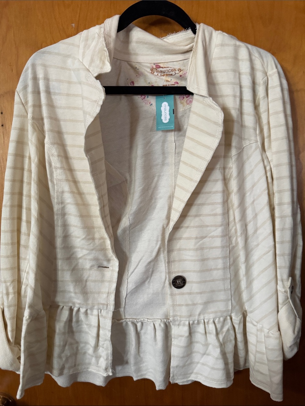 Maurices Cream Striped Ruffled Blazer